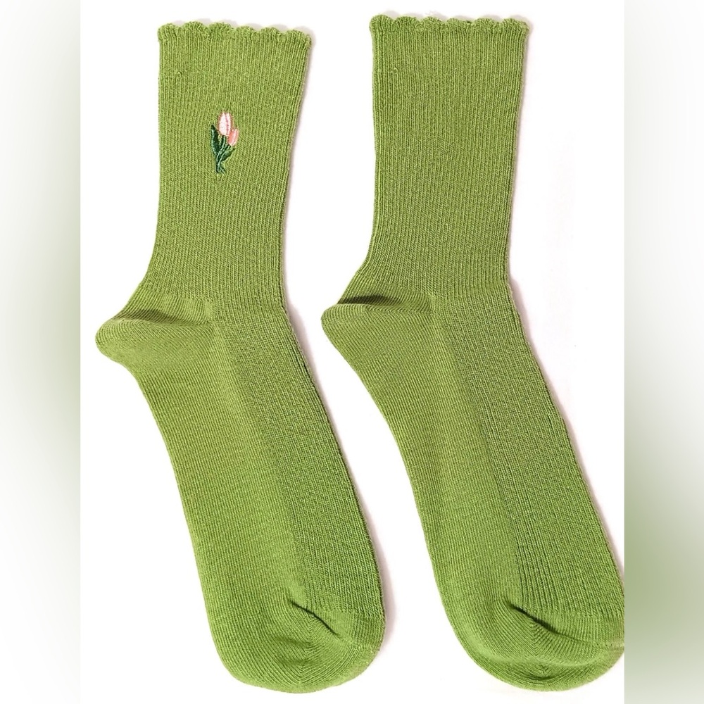 Casa Clara Fern Sage Green Cotton Embroidery Flower Sock